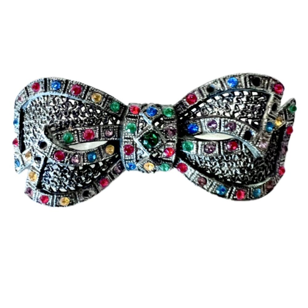 Vintage 1930's Little Nemo Bow Brooch Pot Metal Filigree Multi Color Rhinestones